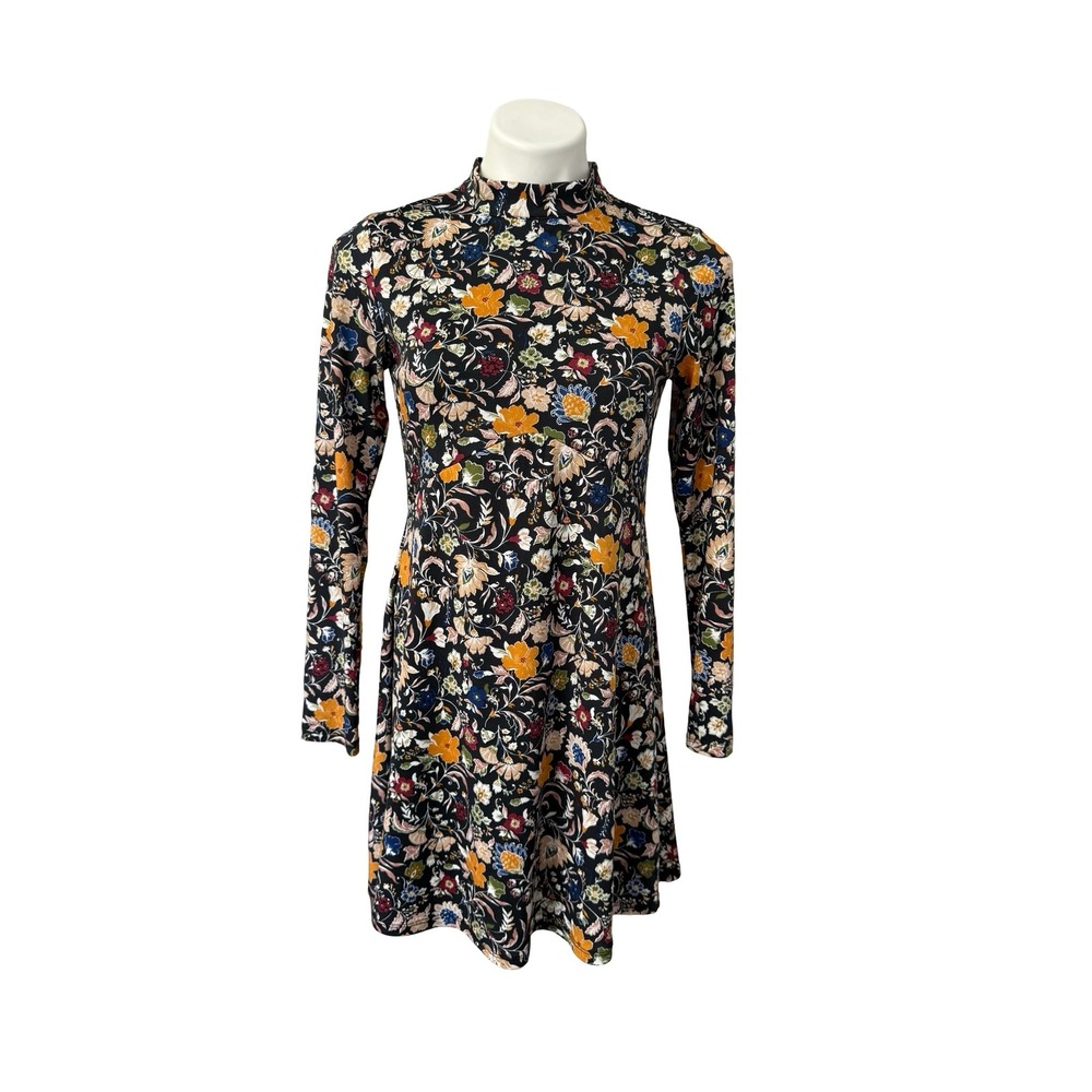 Paper Crane Womens Black Colorful Floral Mock Neck Long Sleeve Mini Dress Small